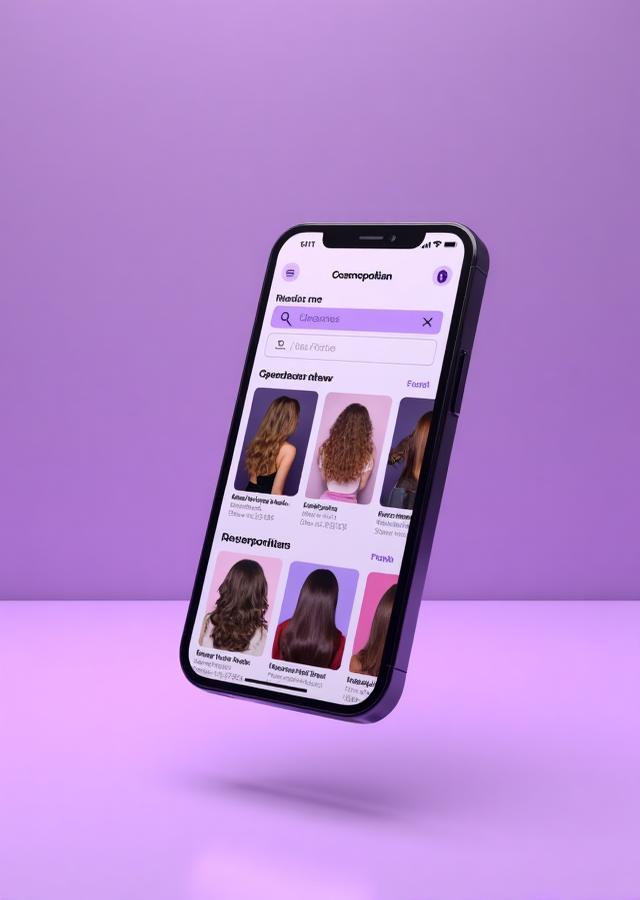 Ilustración de un teléfono con una aplicación de peluquería que muestra un catálogo de estilos de cabello sobre fondo morado.