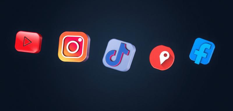 Iconos de YouTube, Instagram, TikTok, ubicación y Facebook que representan canales de presencia digital y expansión comercial.